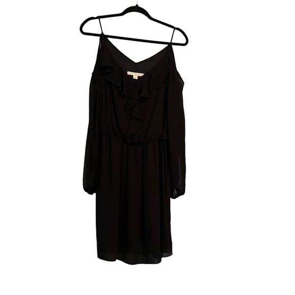 Boston Proper Black Dress Cold Shoulder Sheer Ruffle Front Gathered Waist Sz. 8 - Picture 1 of 12